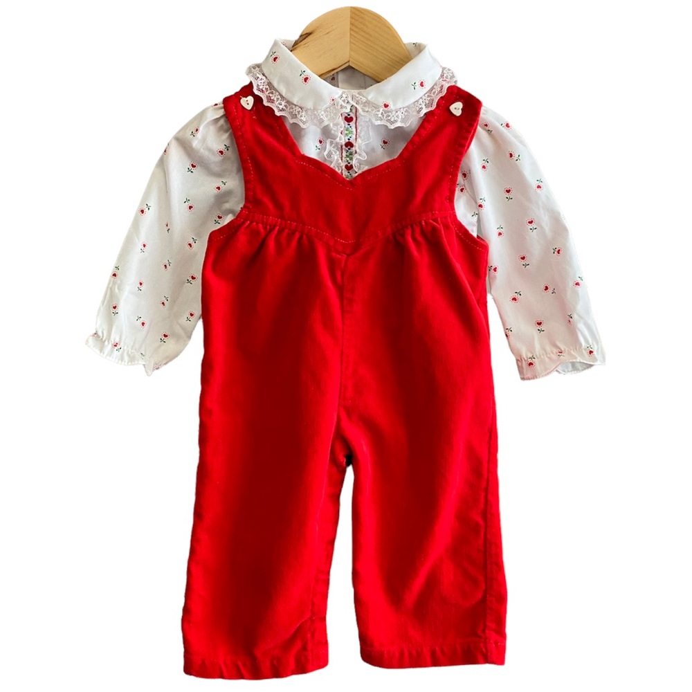 Vintage Tiny Tots Originals Red Velvet Overall Romper Heart Flower Lace Shirt